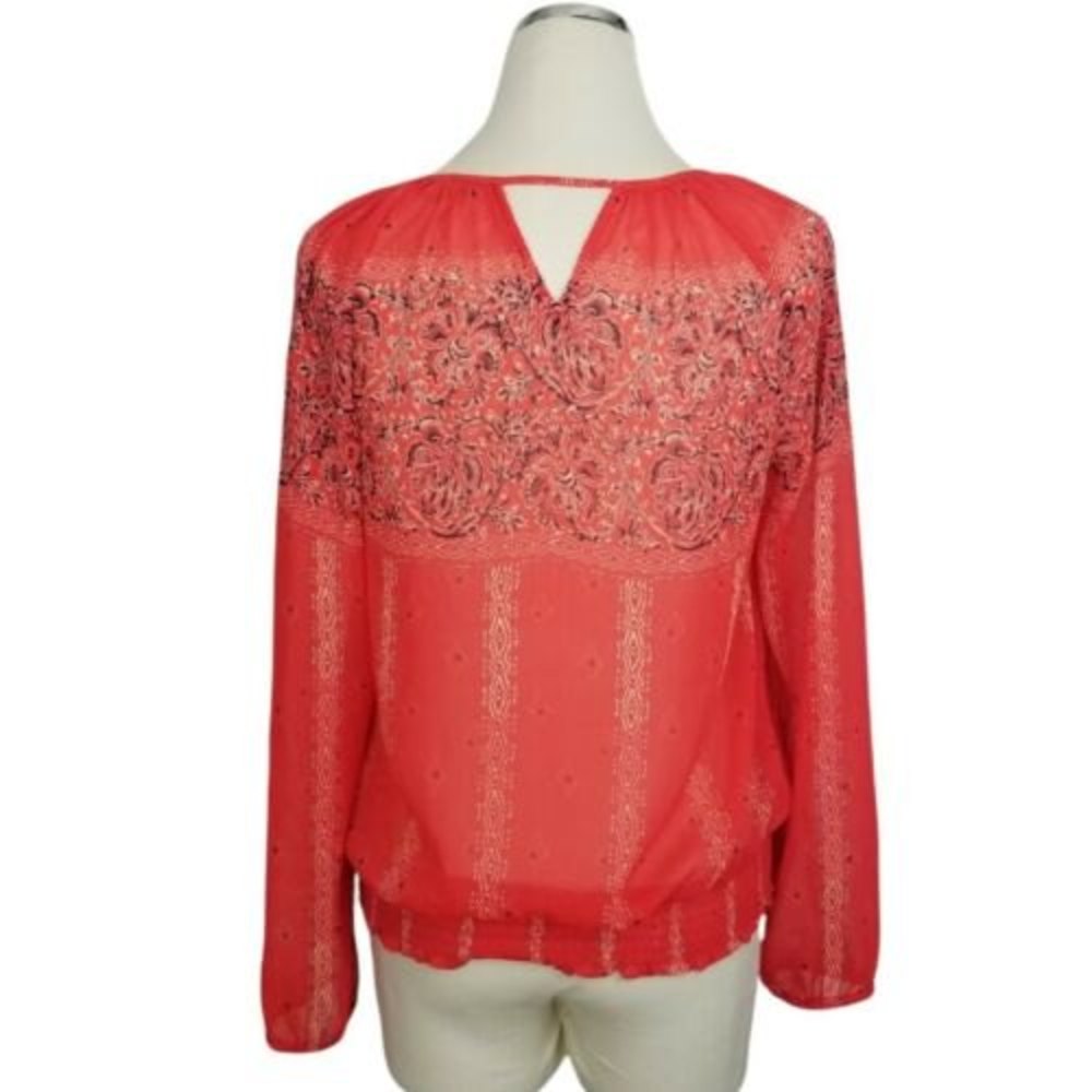 Lucky Brand Orange Blouse Medium Paisley Tie Neck Smocked Waist Top Boho Peasant - Picture 5 of 12